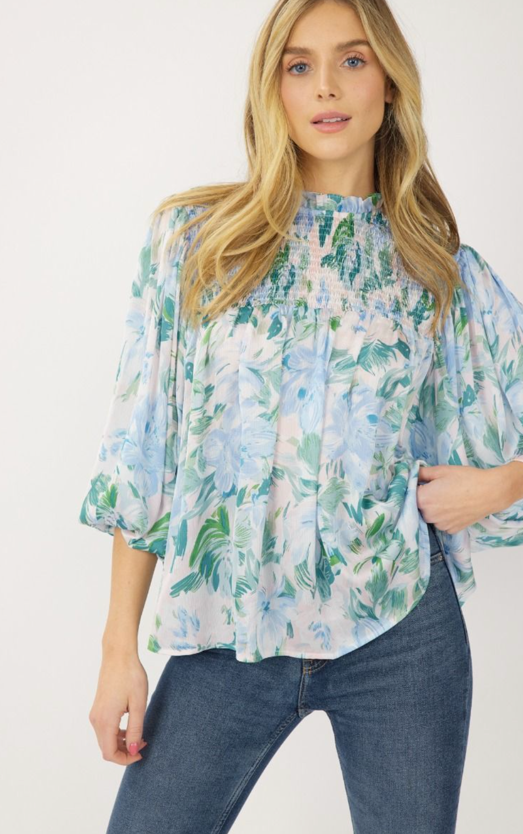 zSALE Phoebe Floral Print Mock Neck Long Sleeve Blouse - Blue Multi