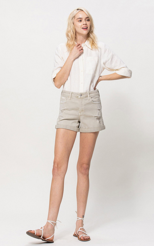 Rebecca High Rise Distressed Roll Up Shorts - Sage Green