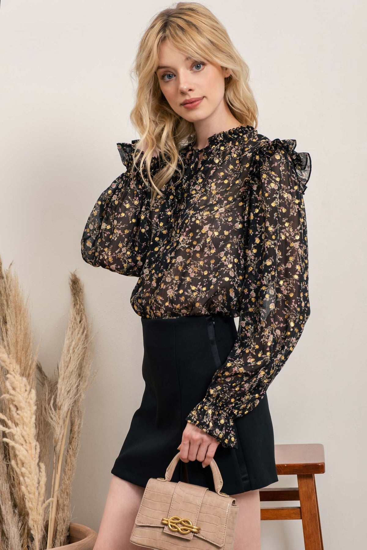 Savannah Gold Speckle Long Sleeve Button Up Floral Blouse - Black Multi