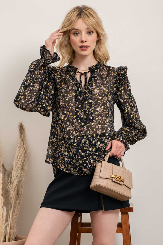 zSALE Savannah Gold Speckle Long Sleeve Button Up Floral Blouse - Black Multi