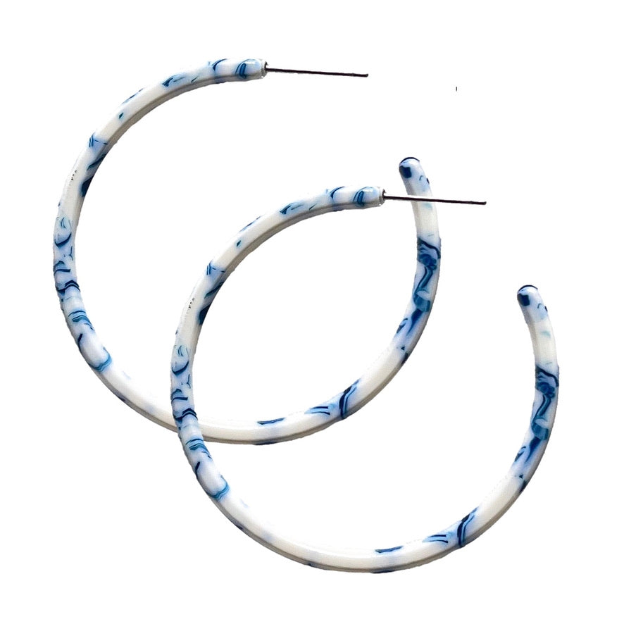 Skinny Hoop Earrings - Marbled Blue & White