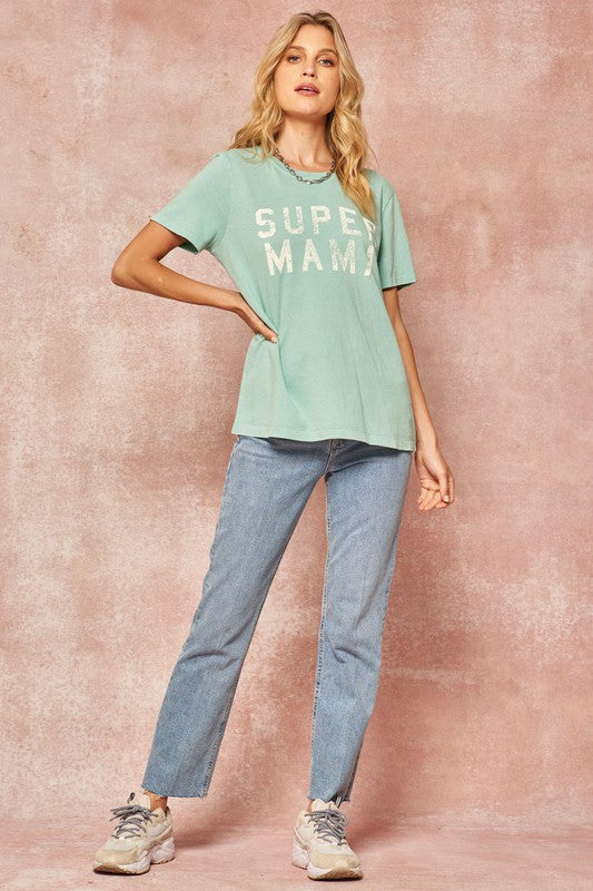 zSALE Super Mama Mineral Washed Vintage Graphic Short Sleeve Tee - Sage