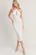 Load image into Gallery viewer, Vivian Fitted Rib Knit Halter Neck Keyhole Midi Dress - Cream

