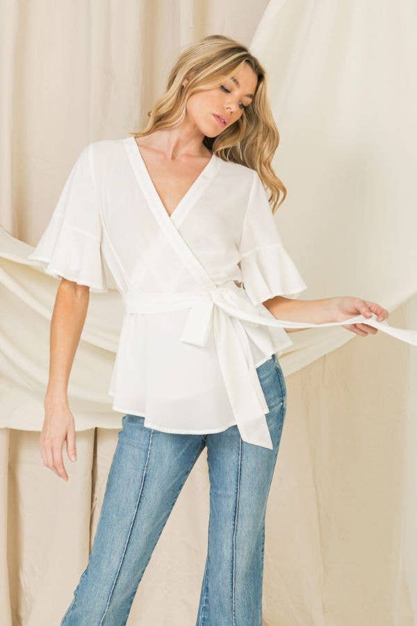 zSALE Cosette Semi-Sheer Woven Wrap Blouse - Ivory