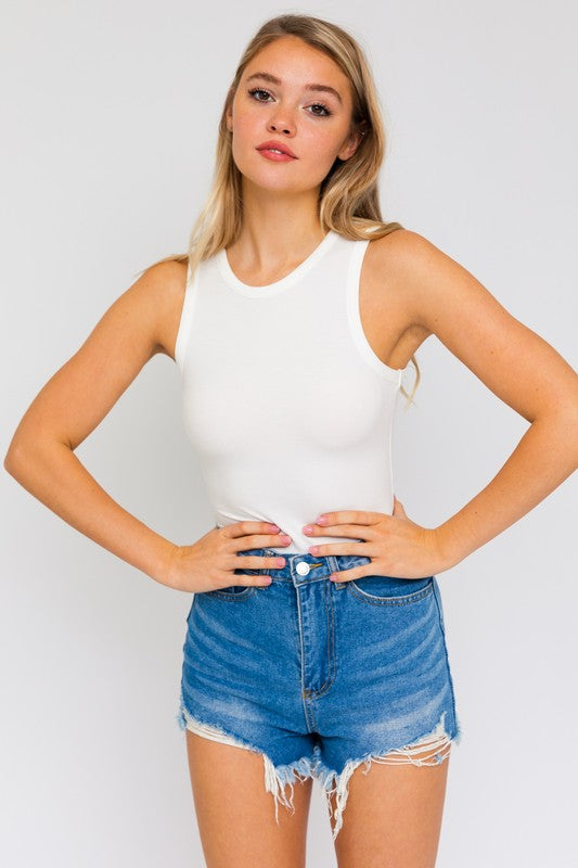 Essential Round Neck Stretch Knit Tank Bodysuit - White